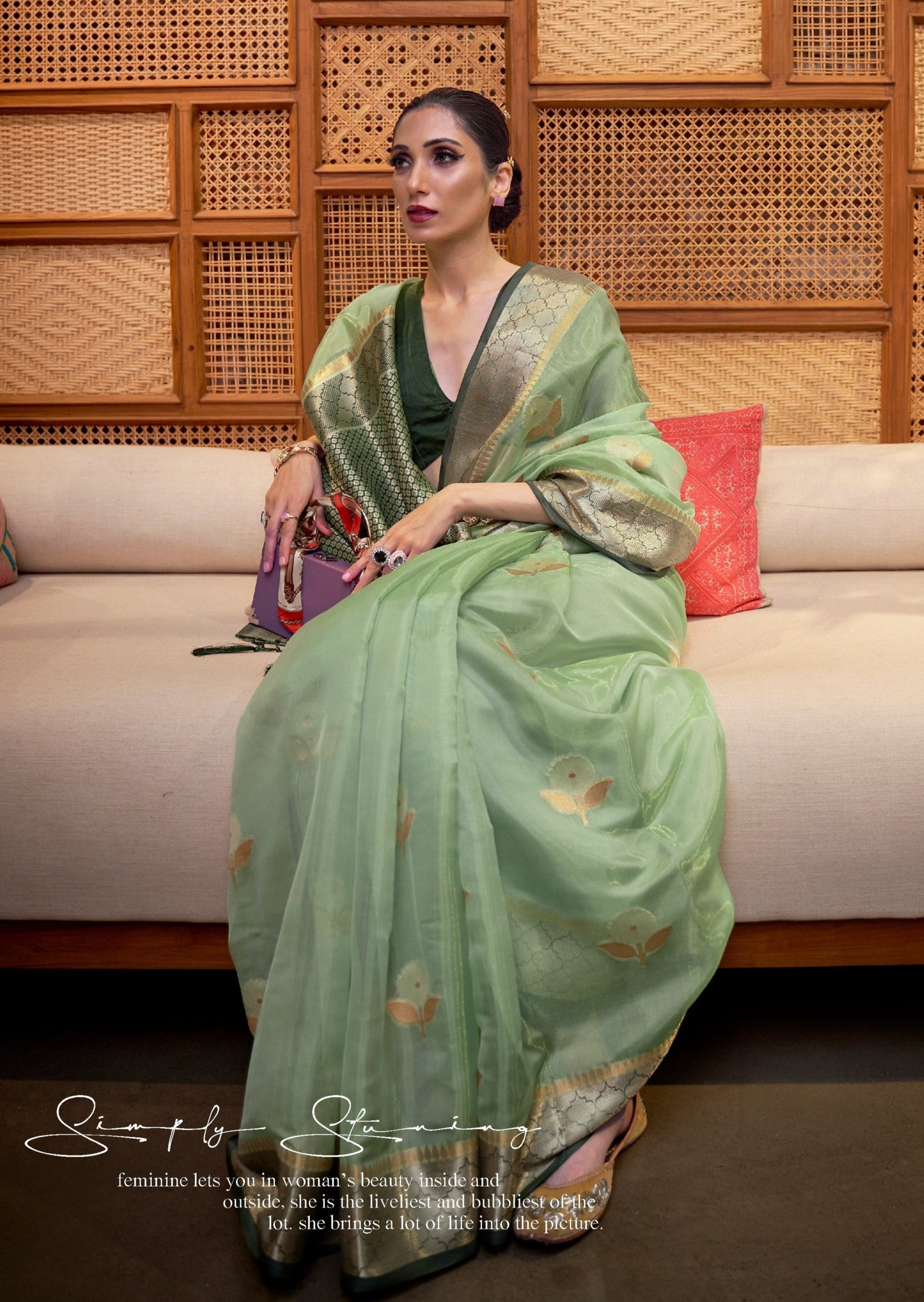 Pure Banarasi Organza Pista Green Handloom Saree