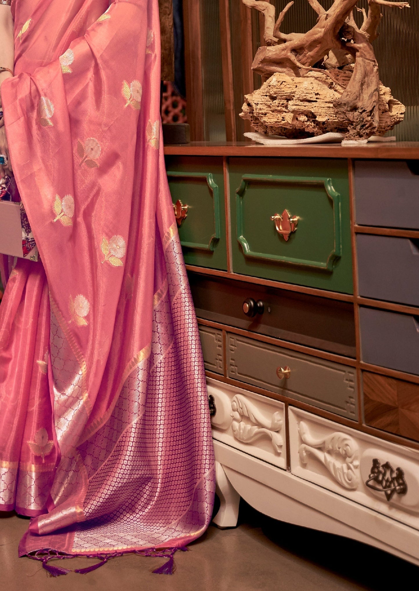 Pure Banarasi Organza Rose Pink Handloom Saree
