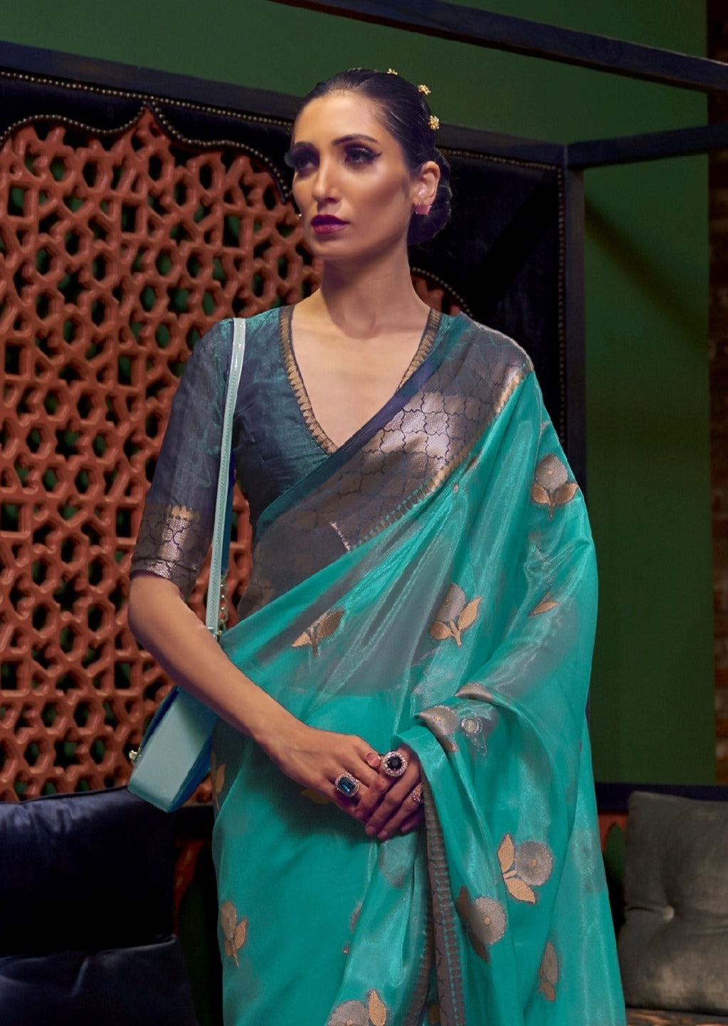 Pure Organza Sea Blue Handloom Saree