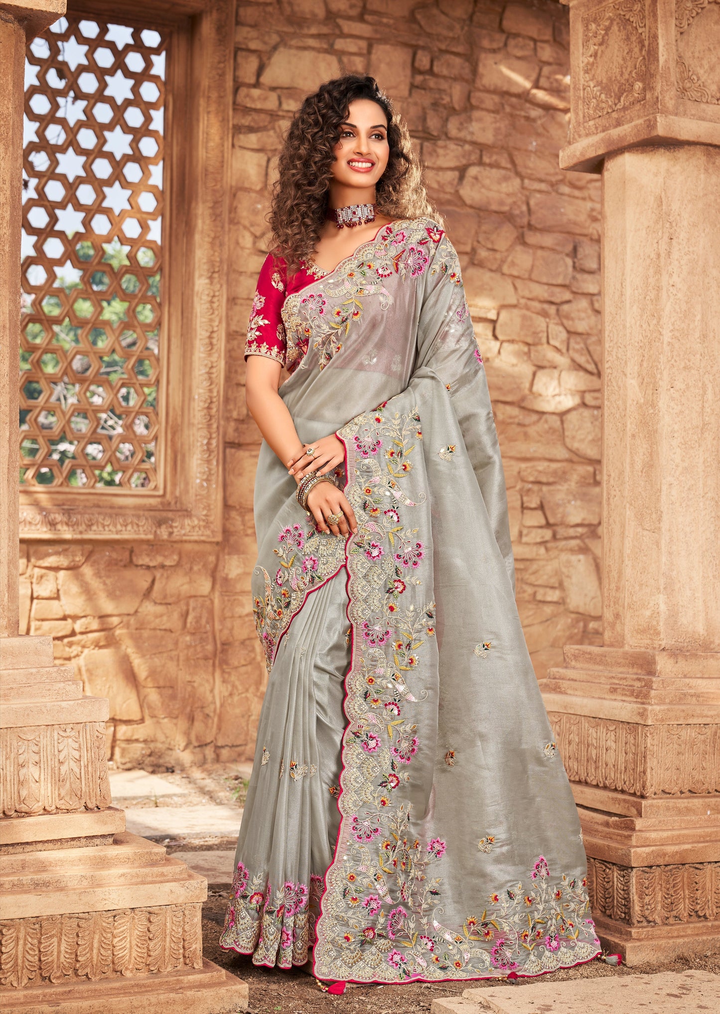 Hand Work Organza Designer Saree (Grey)