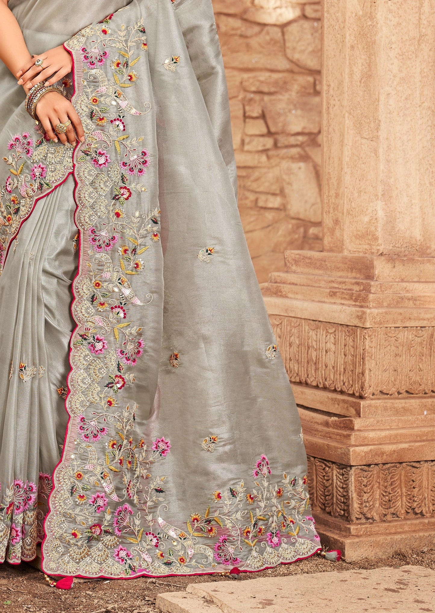 Hand Work Organza Designer Saree (Grey)