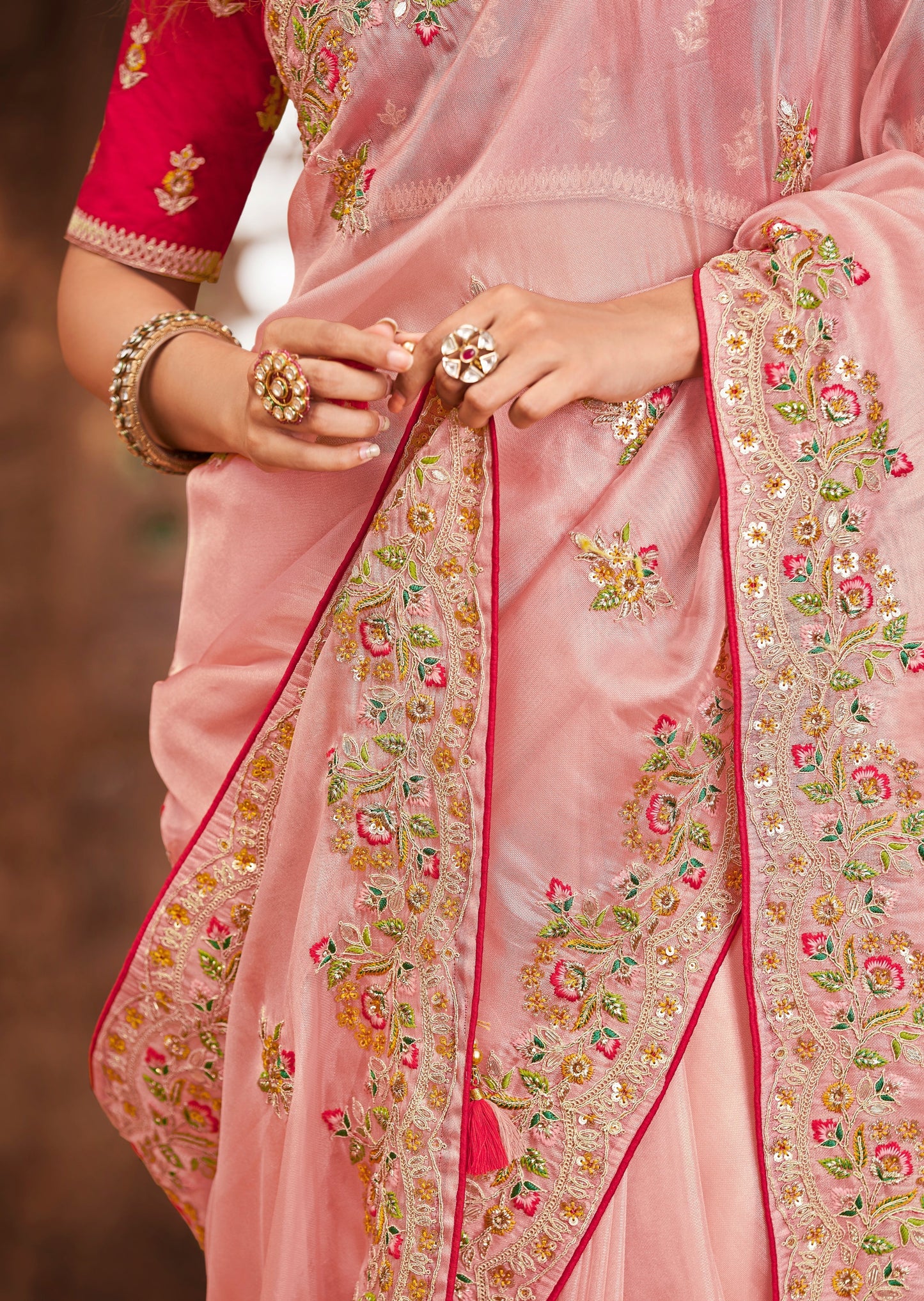 Hand Work Organza Pastel Pink Designer Saree