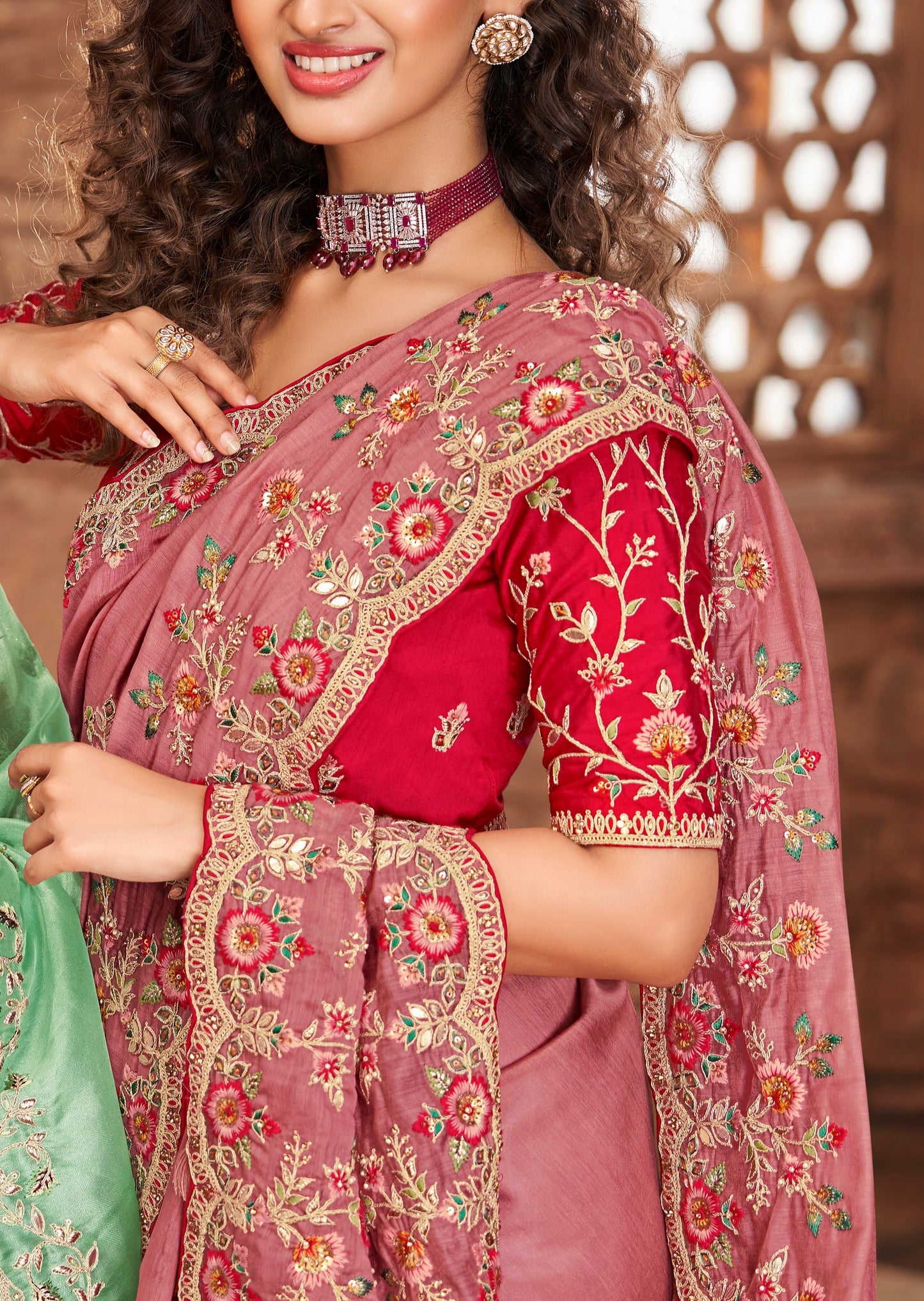Party Wear Organza Designer Saree (Rose Pink)