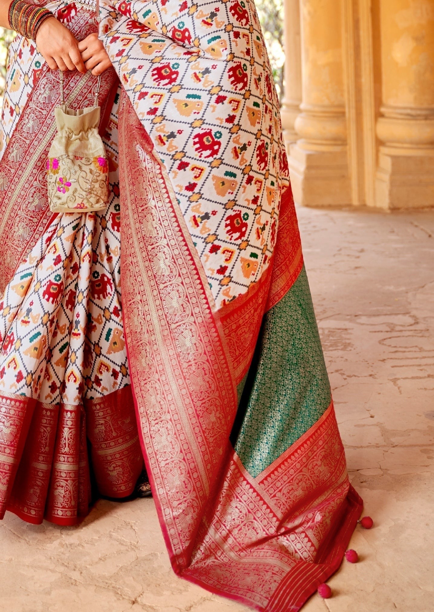 Bela Patan Patola White and Red Zari Saree