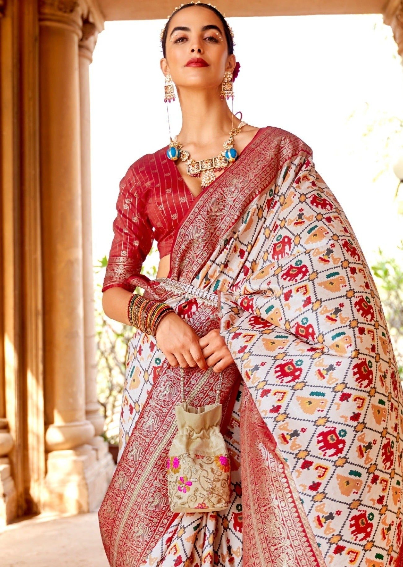 Bela Patan Patola White and Red Zari Saree