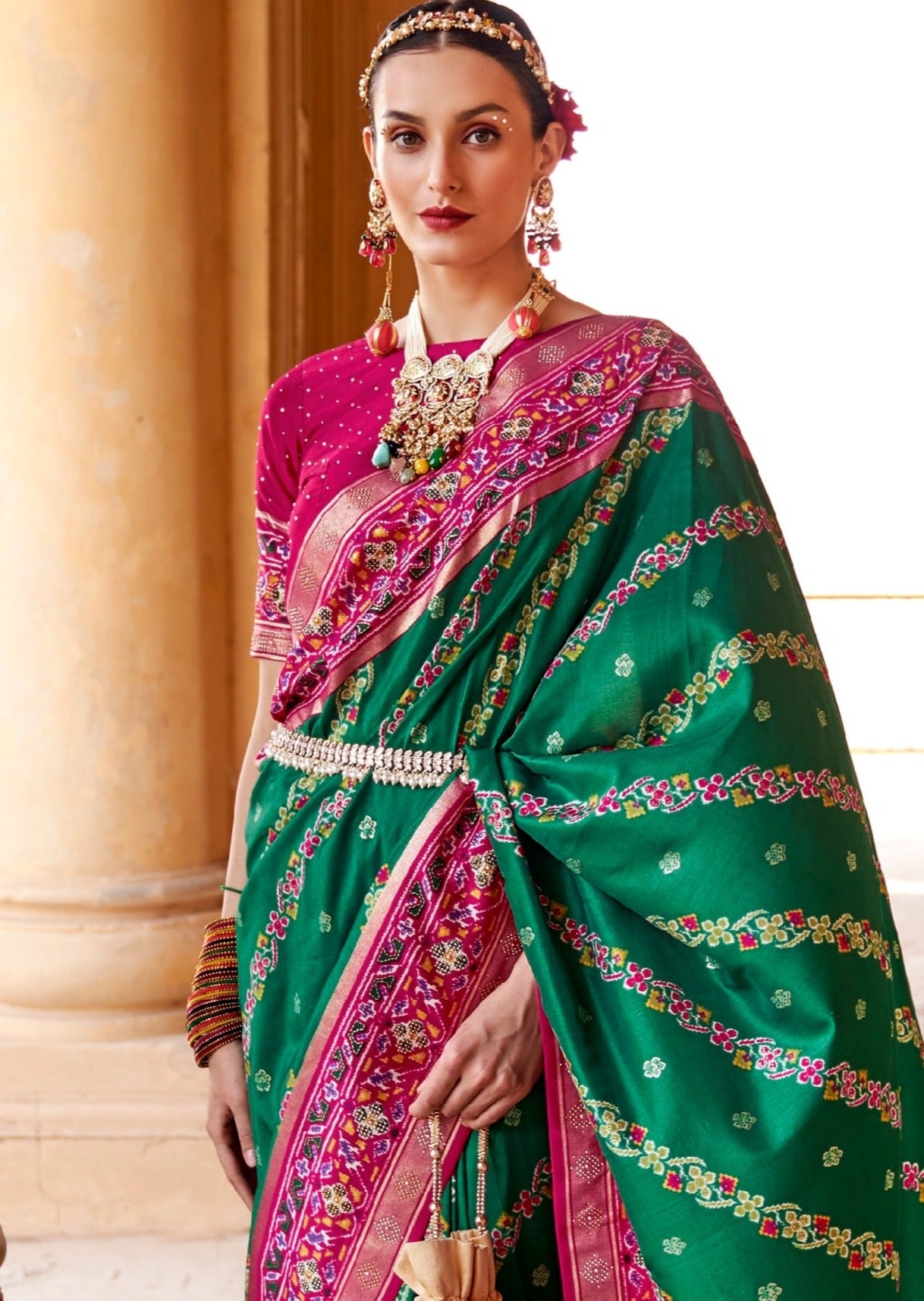 Bela Patan Patola Silk Green and Pink Saree