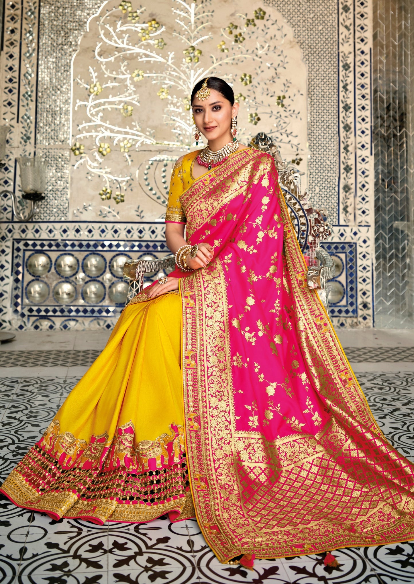Hand Embroidery Banarasi Silk Yellow and Pink Bridal Saree
