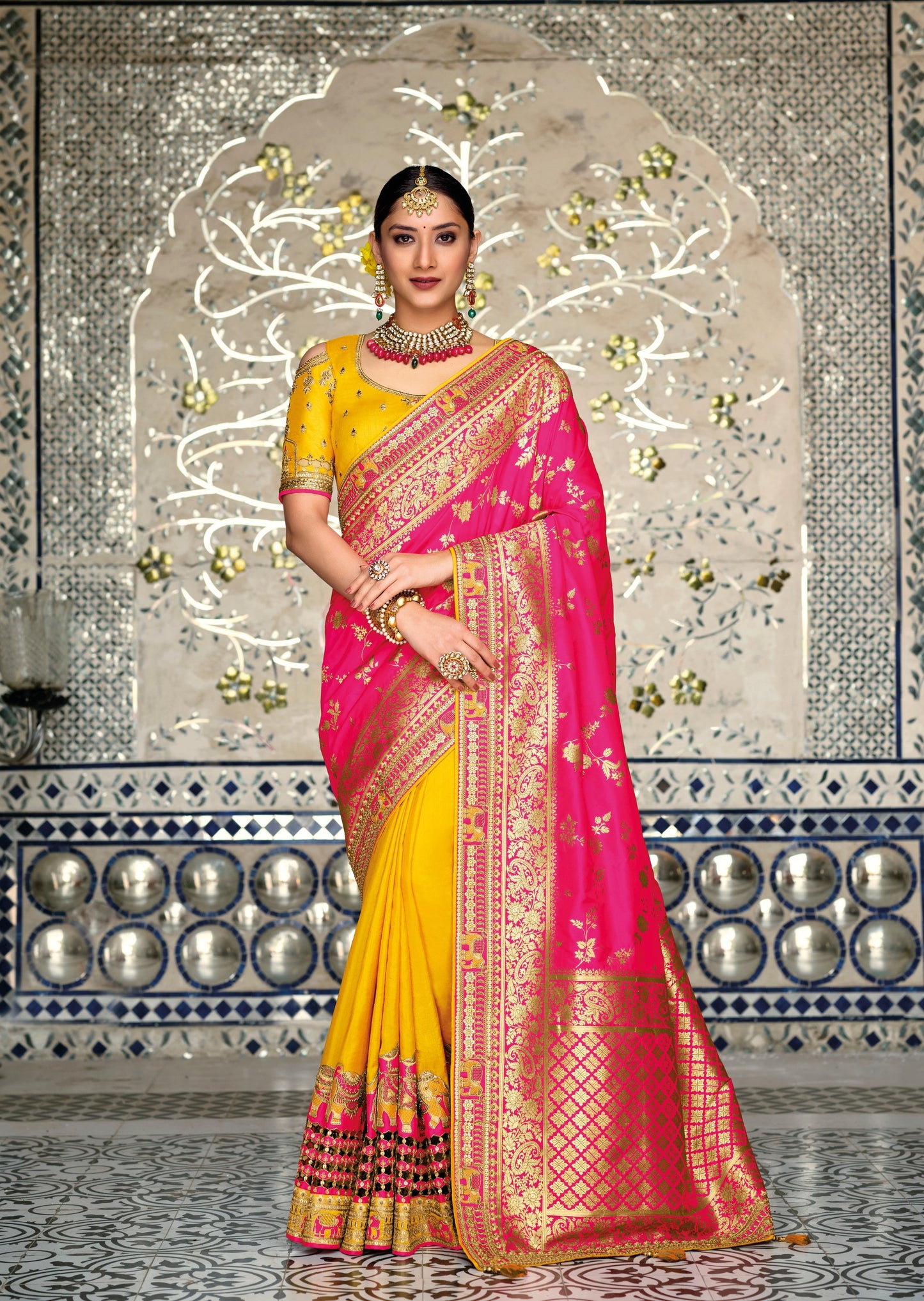 Hand Embroidery Banarasi Silk Yellow and Pink Bridal Saree
