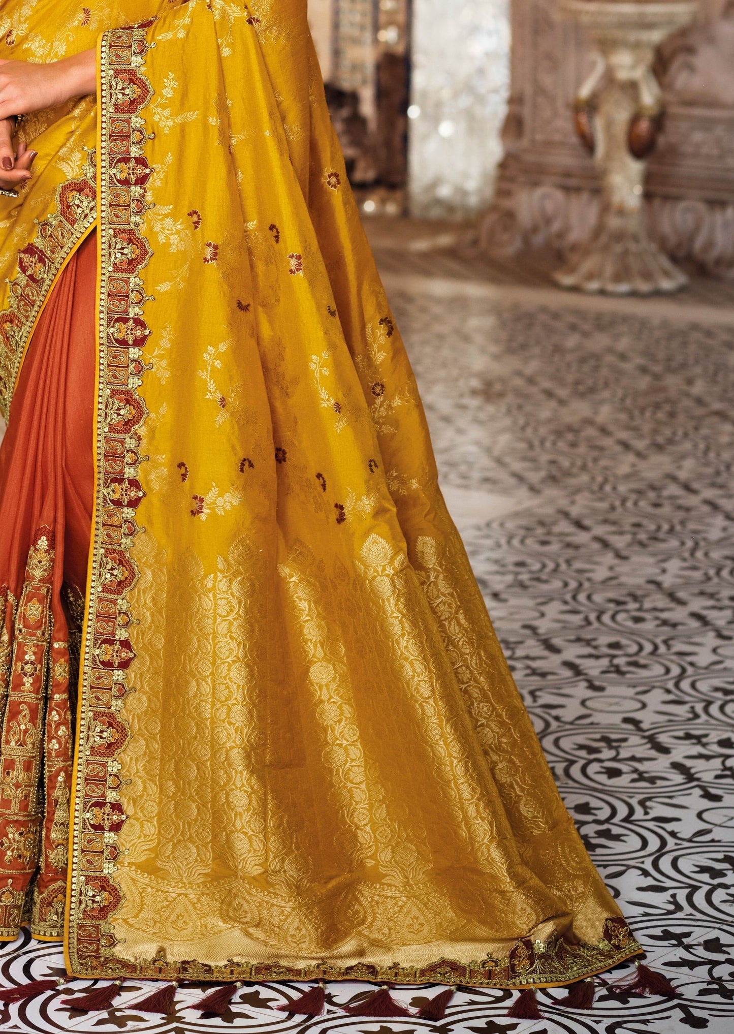 Navneeta Silk Orange and Yellow Bridal Saree