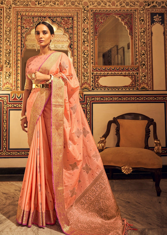 Peach tussar silk saree