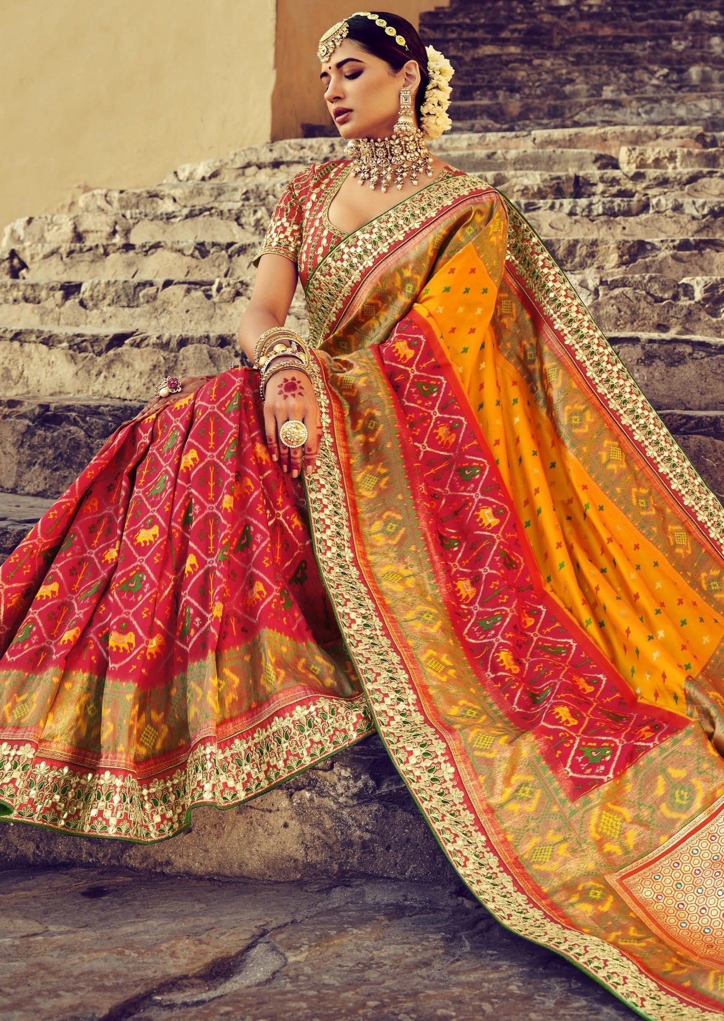 Banarasi Patola Silk Red and Yellow Bridal Saree