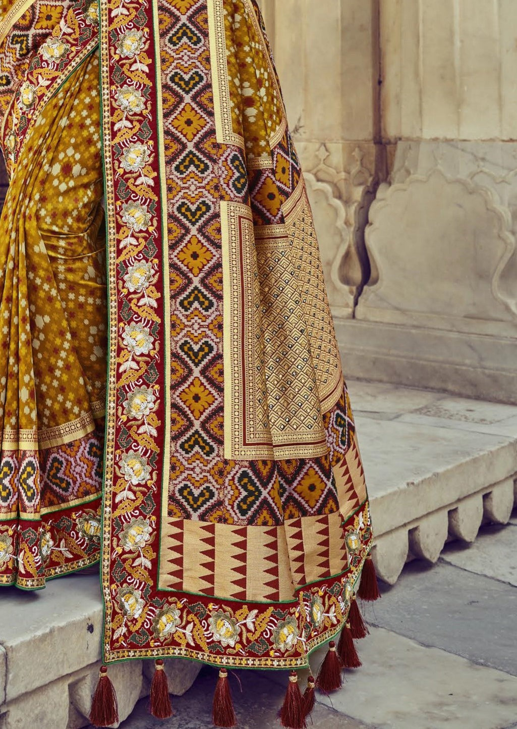 Patola Silk Mustard Yellow Resham Work Saree