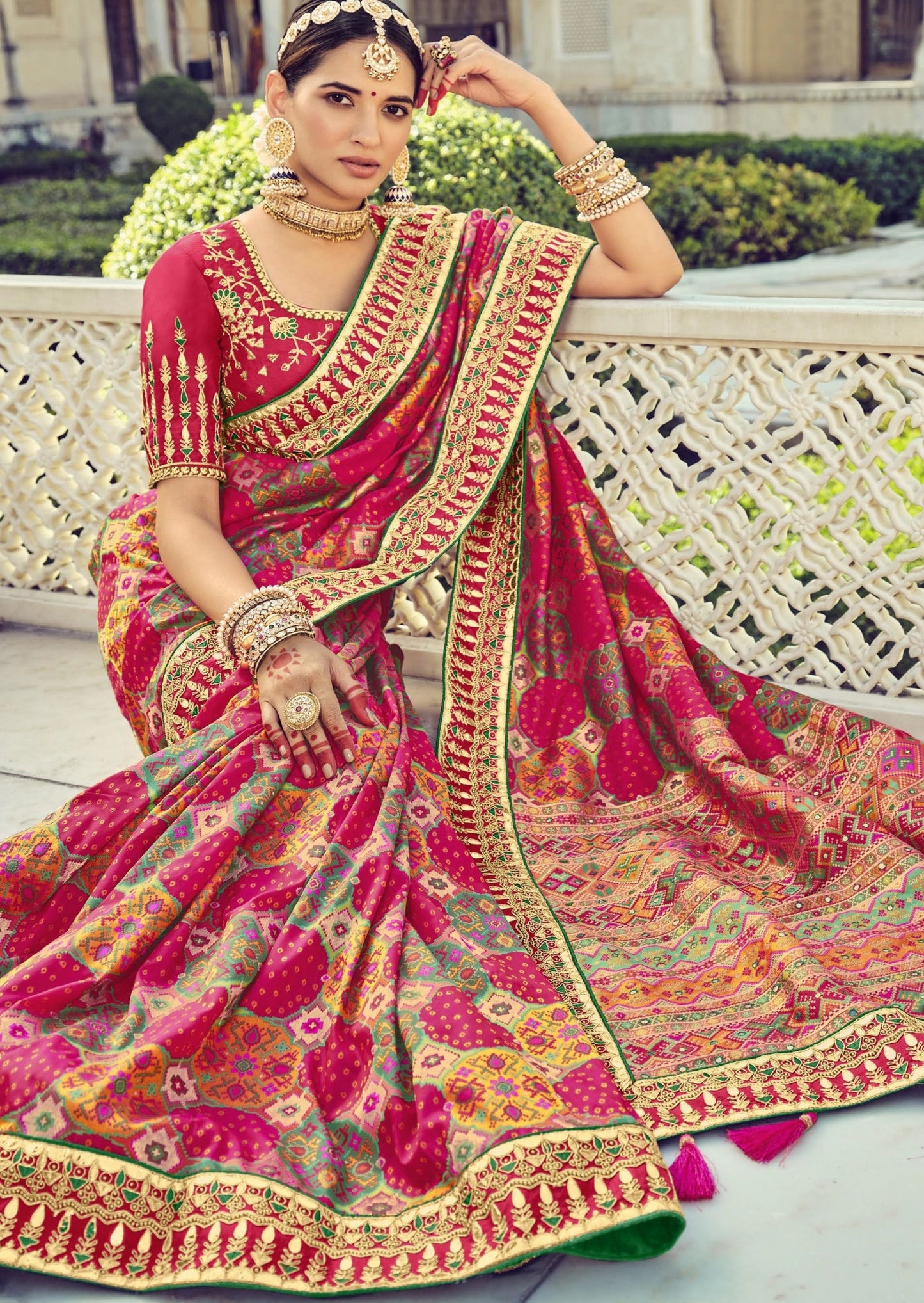 Bandhani Patola Banarasi Silk Red Multicolor Bridal Saree