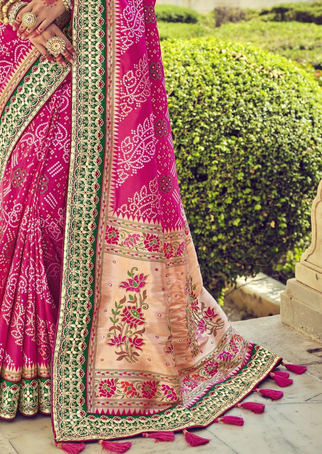 Bandhani Patola Banarasi Silk Pink Bridal Saree