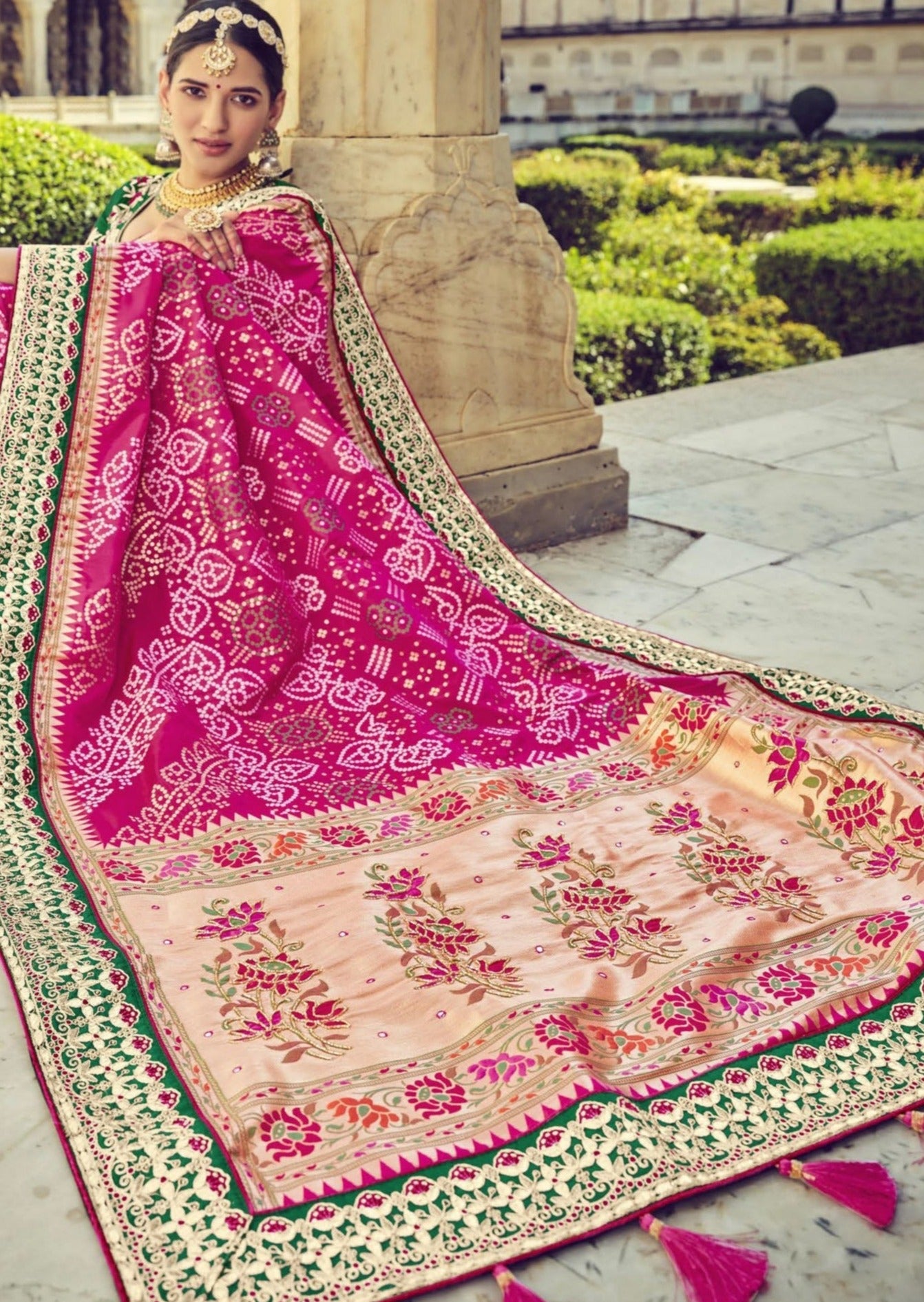 Bandhani Patola Banarasi Silk Pink Bridal Saree