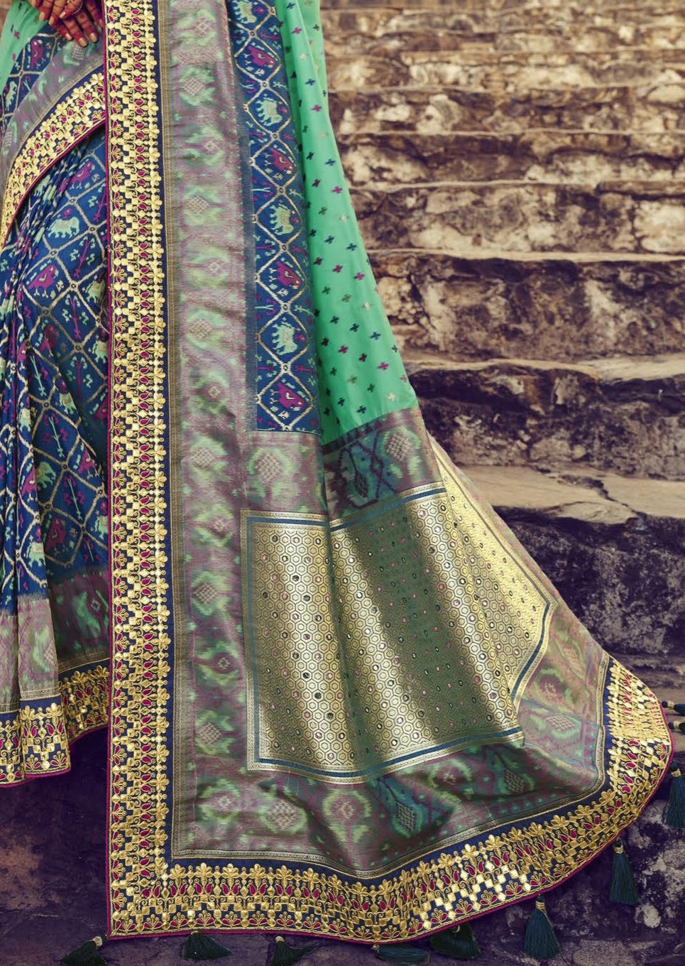 Double Ikkat Patola Silk Two Tone Blue Bridal Saree