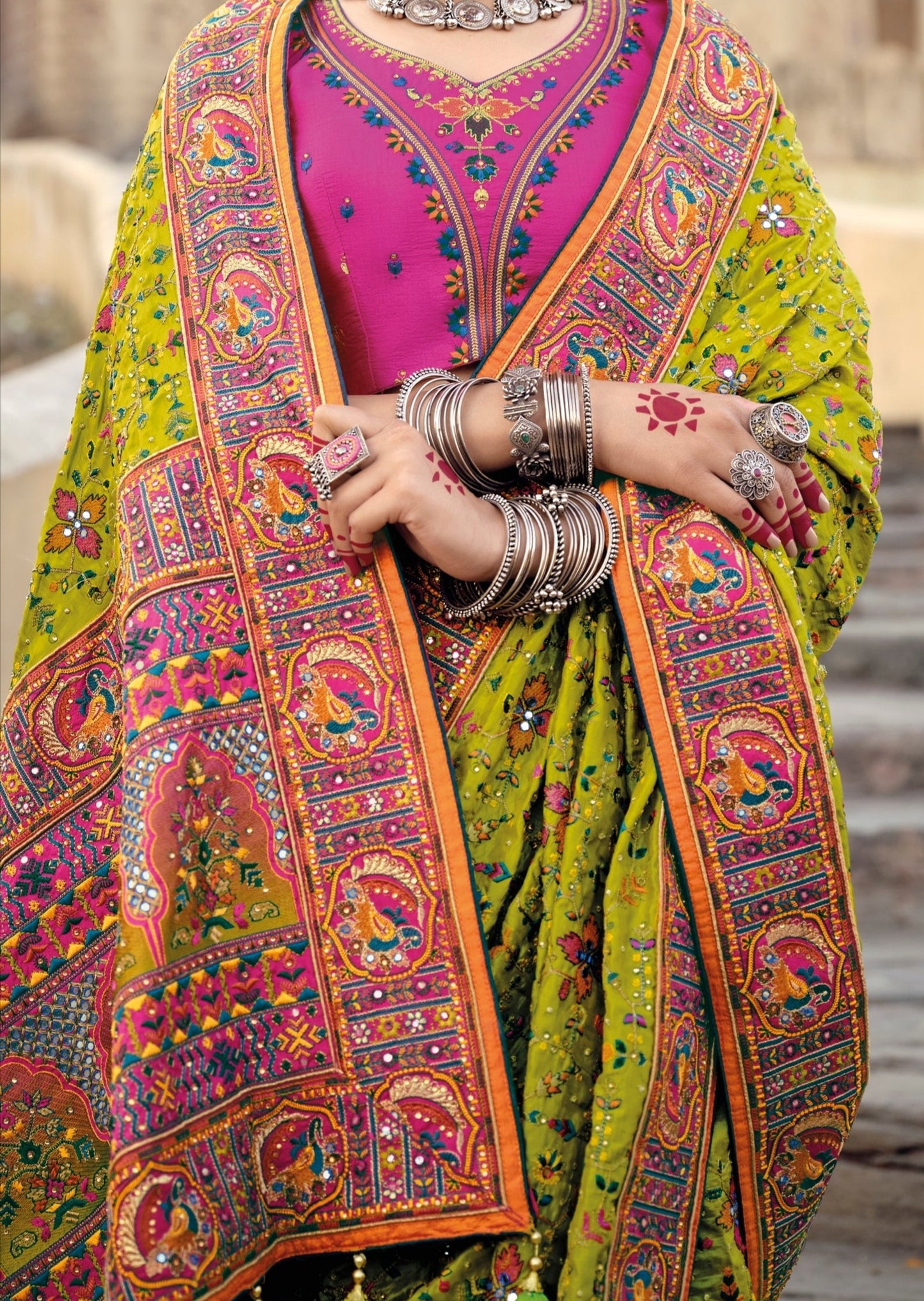 Banarasi Silk Hand Embroidery Kutch Work Saree (Parrot Green)
