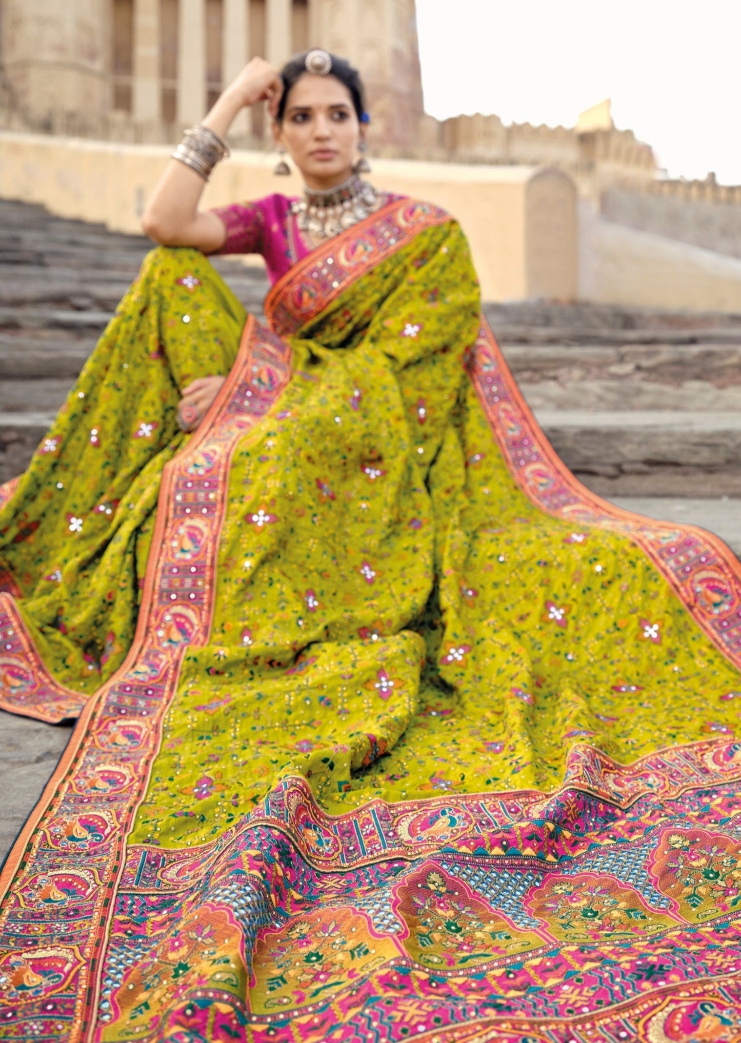 Banarasi Silk Hand Embroidery Kutch Work Saree (Parrot Green)