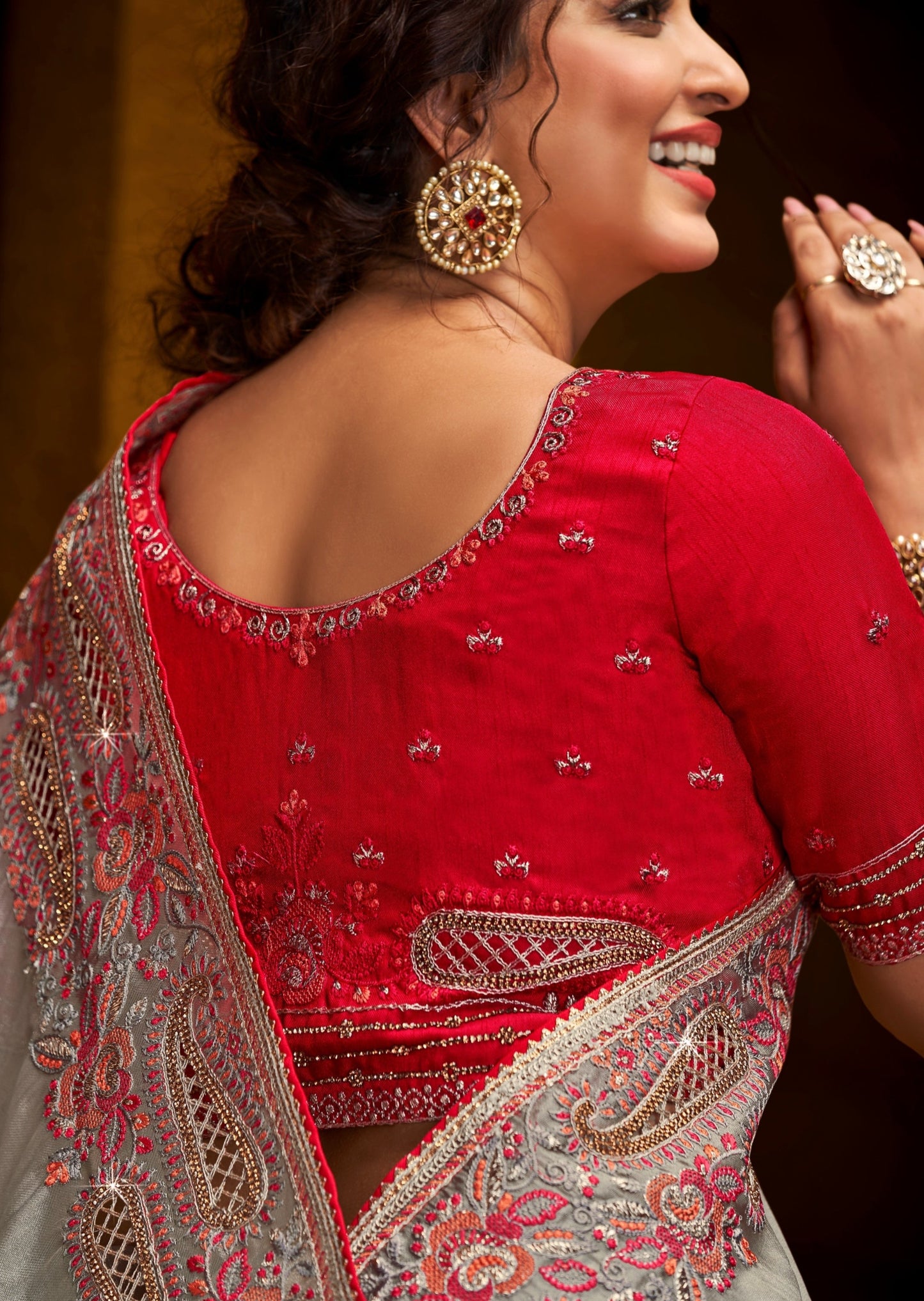 Hand Work Organza Grey Designer Saree