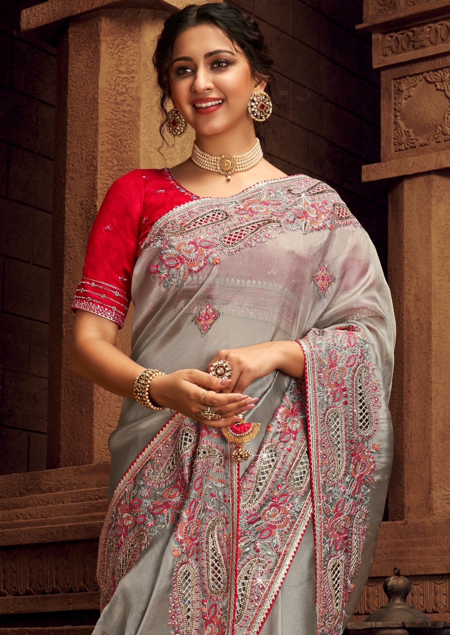 Hand Work Organza Grey Designer Saree