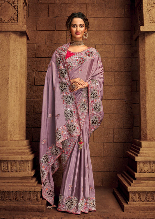 Pure Organza Embroidered Purple Saree