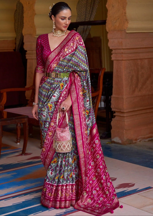 Patan Patola Silk Grey Saree With Rani Pink Blouse