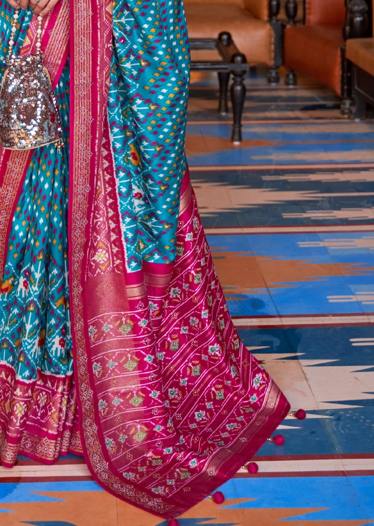 Patan Patola Silk Blue Ikkat Saree