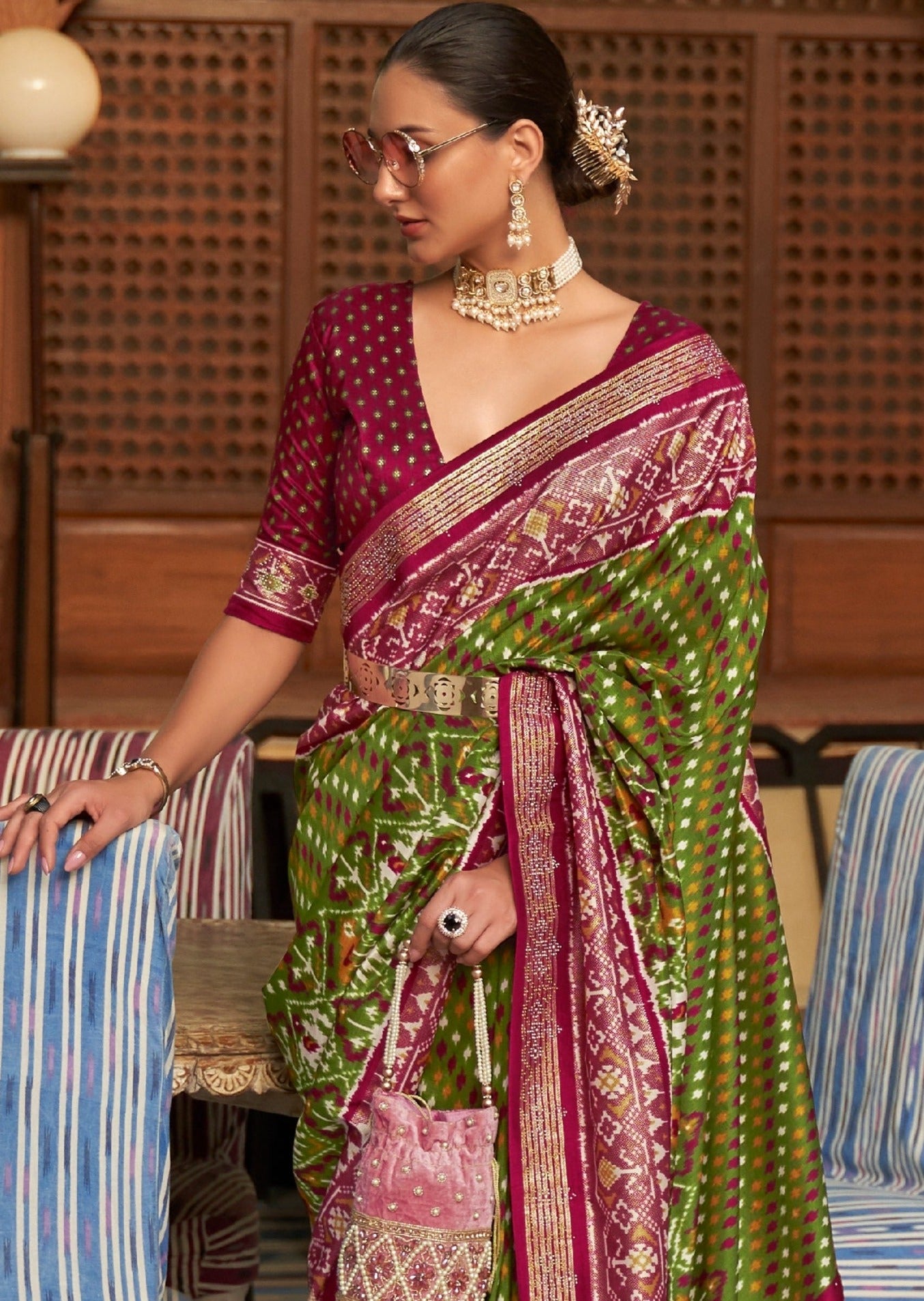 Patan Patola Mehendi Green Saree