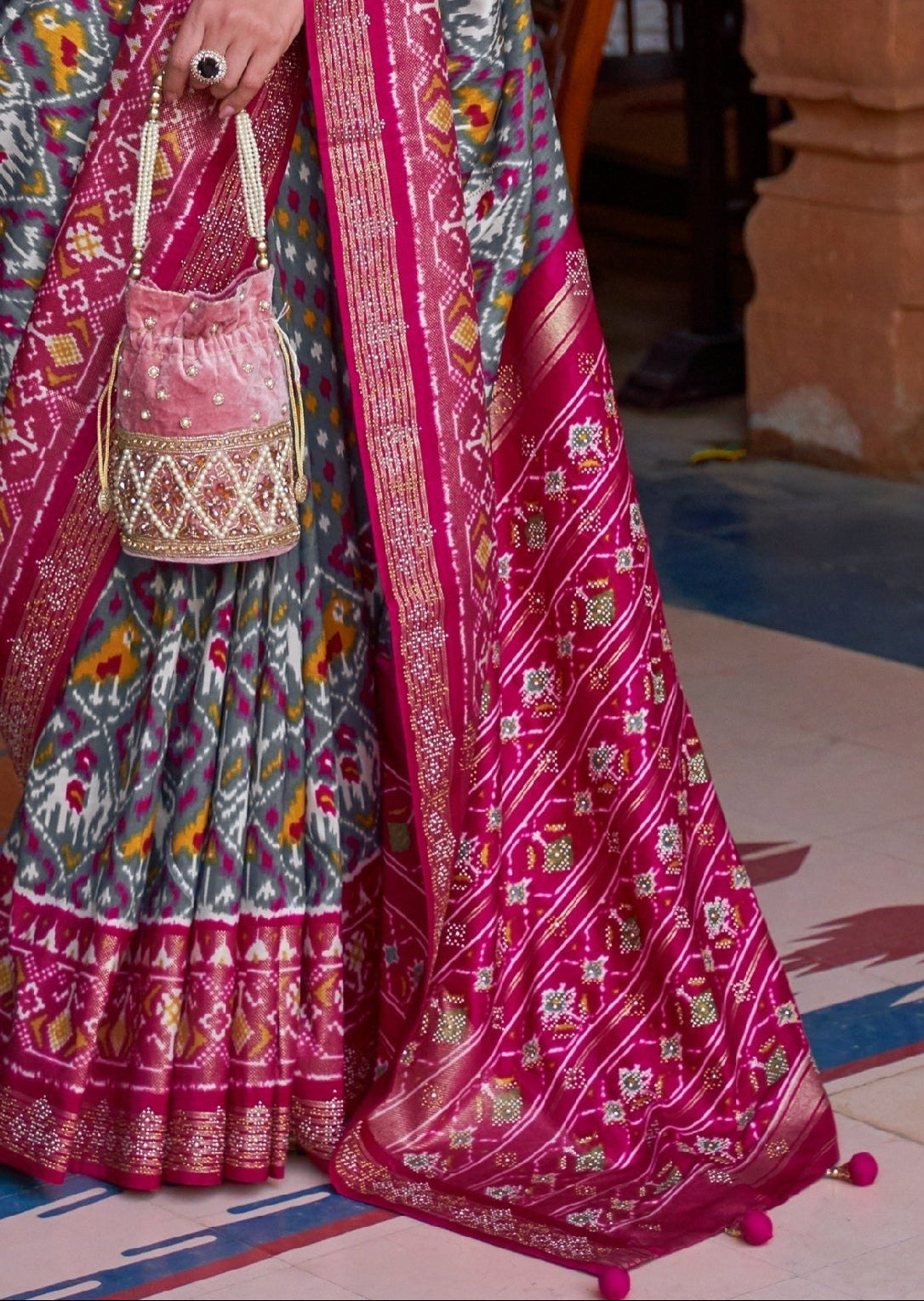 Patan Patola Silk Grey Saree With Rani Pink Blouse