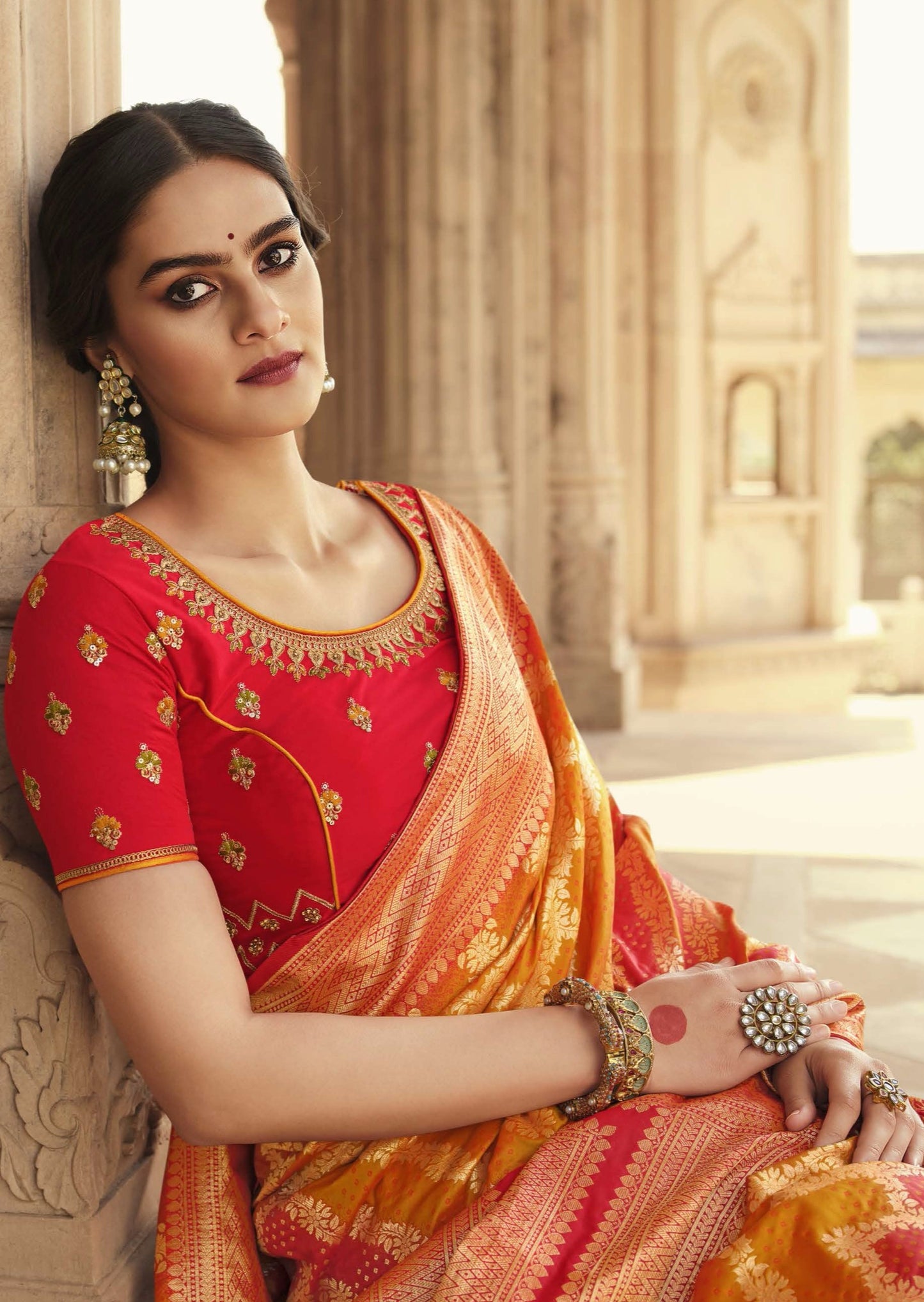 Pure Banarasi Handloom Silk Yellow and Red Saree