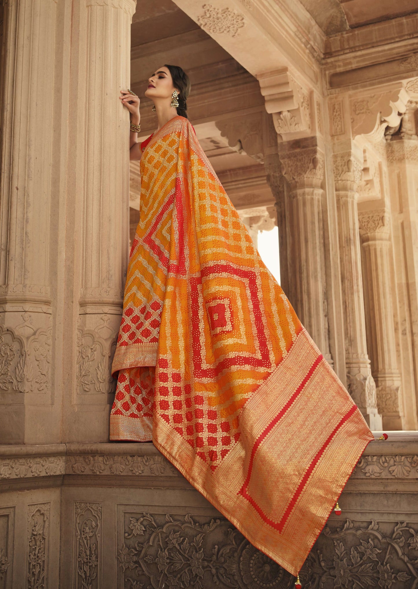 Pure Banarasi Handloom Silk Yellow and Red Saree