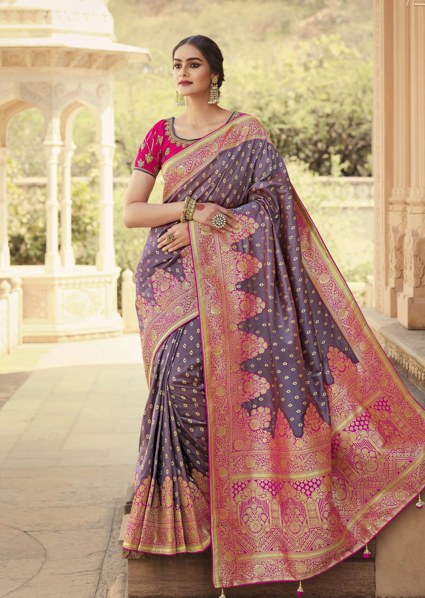 Banarasi Silk Hand Work Handloom Saree (Greyish Purple)