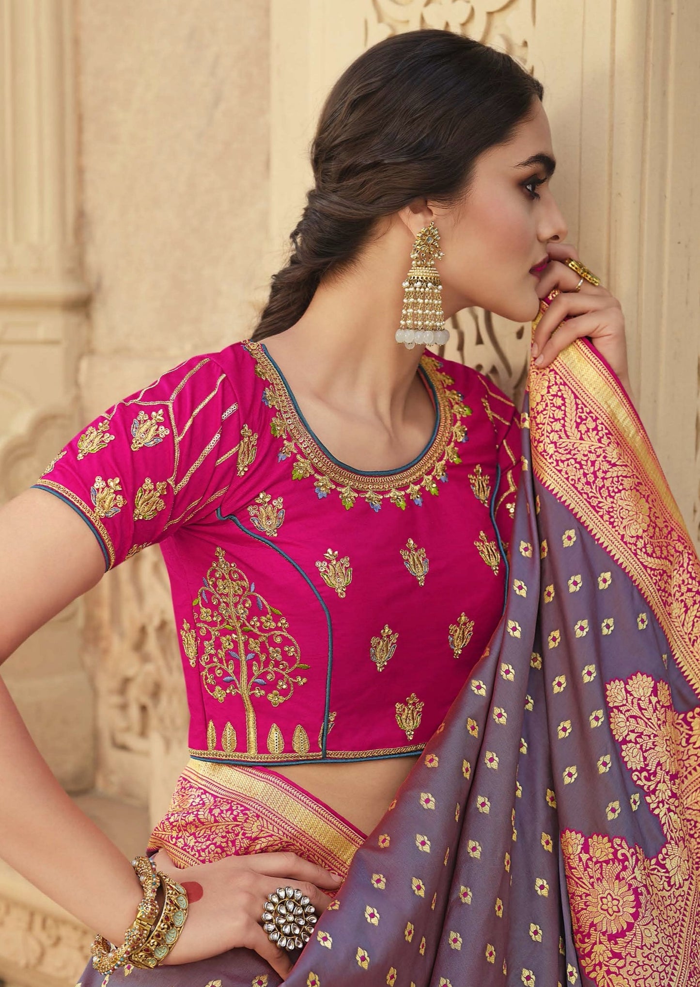 Banarasi Silk Hand Work Handloom Saree (Greyish Purple)