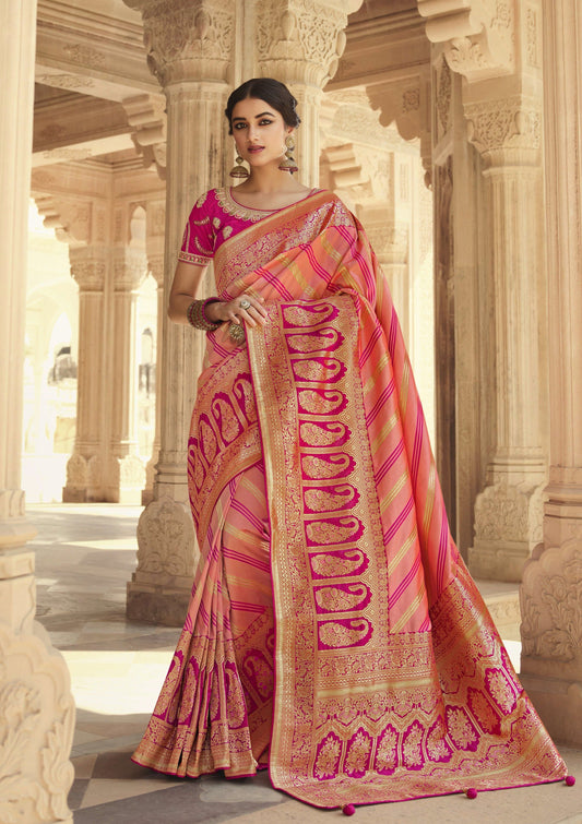 Pure Banarasi Silk Bridal Saree (Peach & Pink)