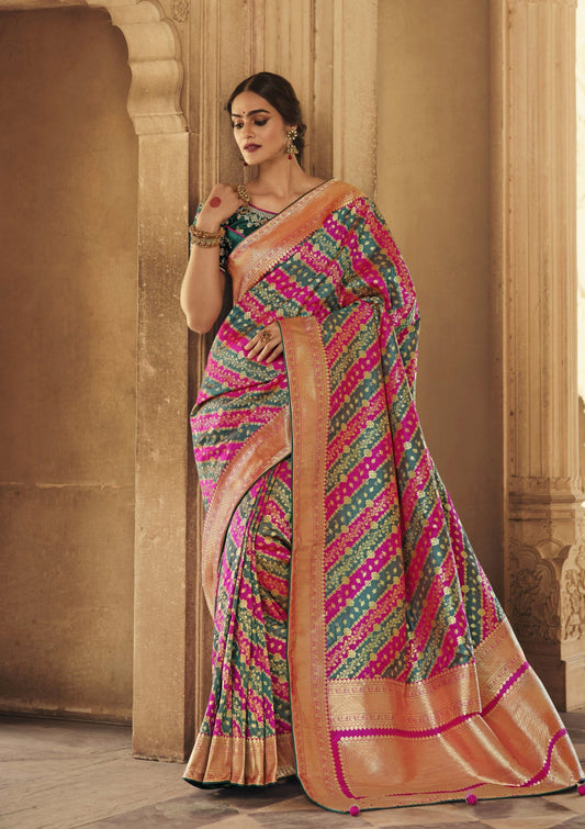 Pure Banarasi Silk Dark Green and Pink Handloom Saree