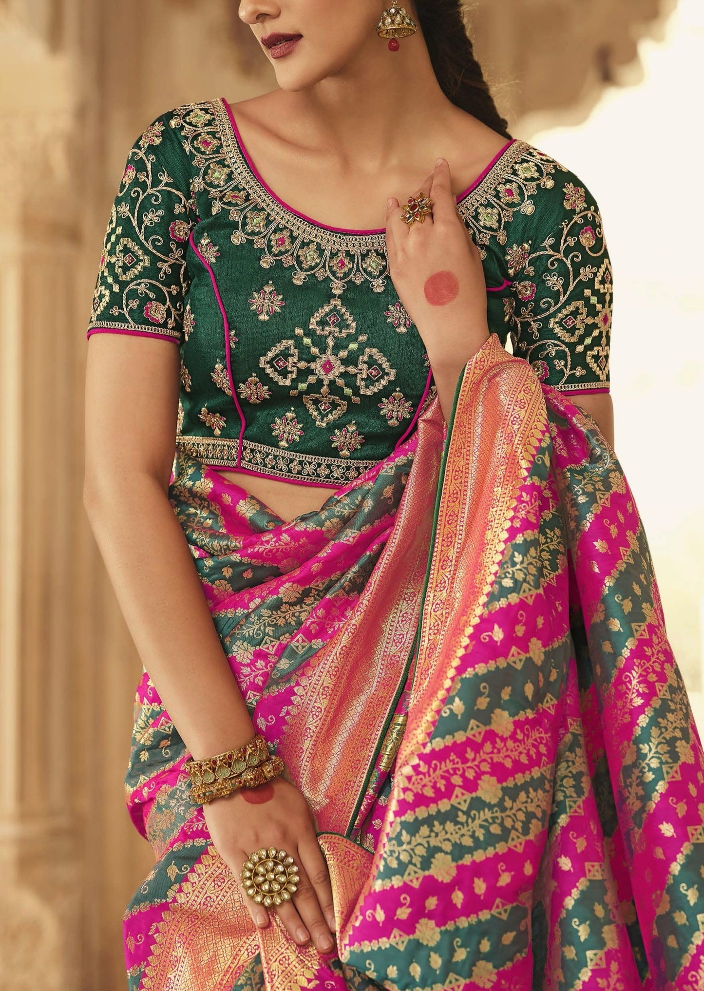 Pure Banarasi Silk Dark Green and Pink Handloom Saree