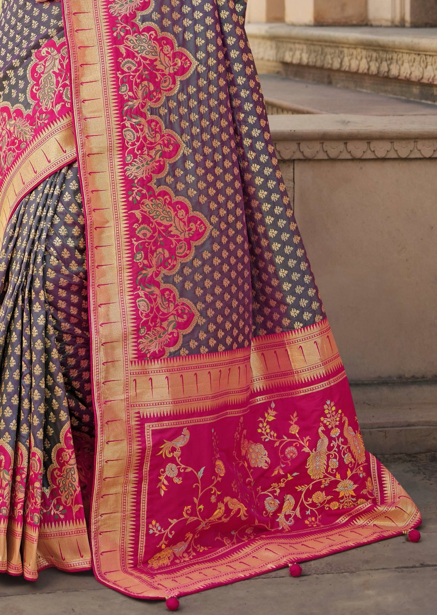 Pure Banarasi Silk Handloom Saree (Grey & Pink)