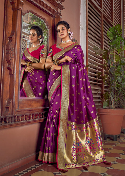 Pure Silk Magenta Pink Paithani Saree with Two Blouses