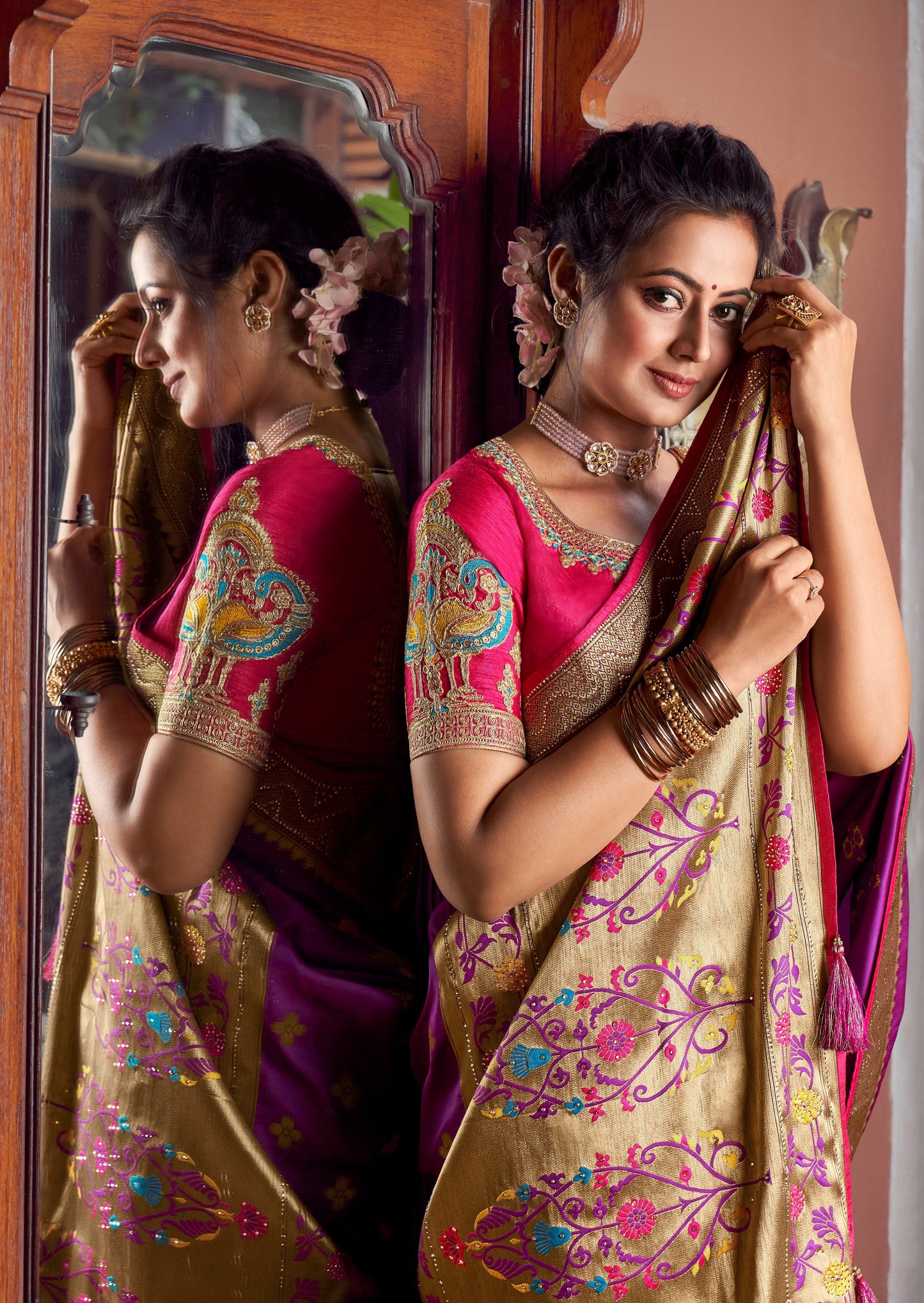 Pure Silk Magenta Pink Paithani Saree with Two Blouses