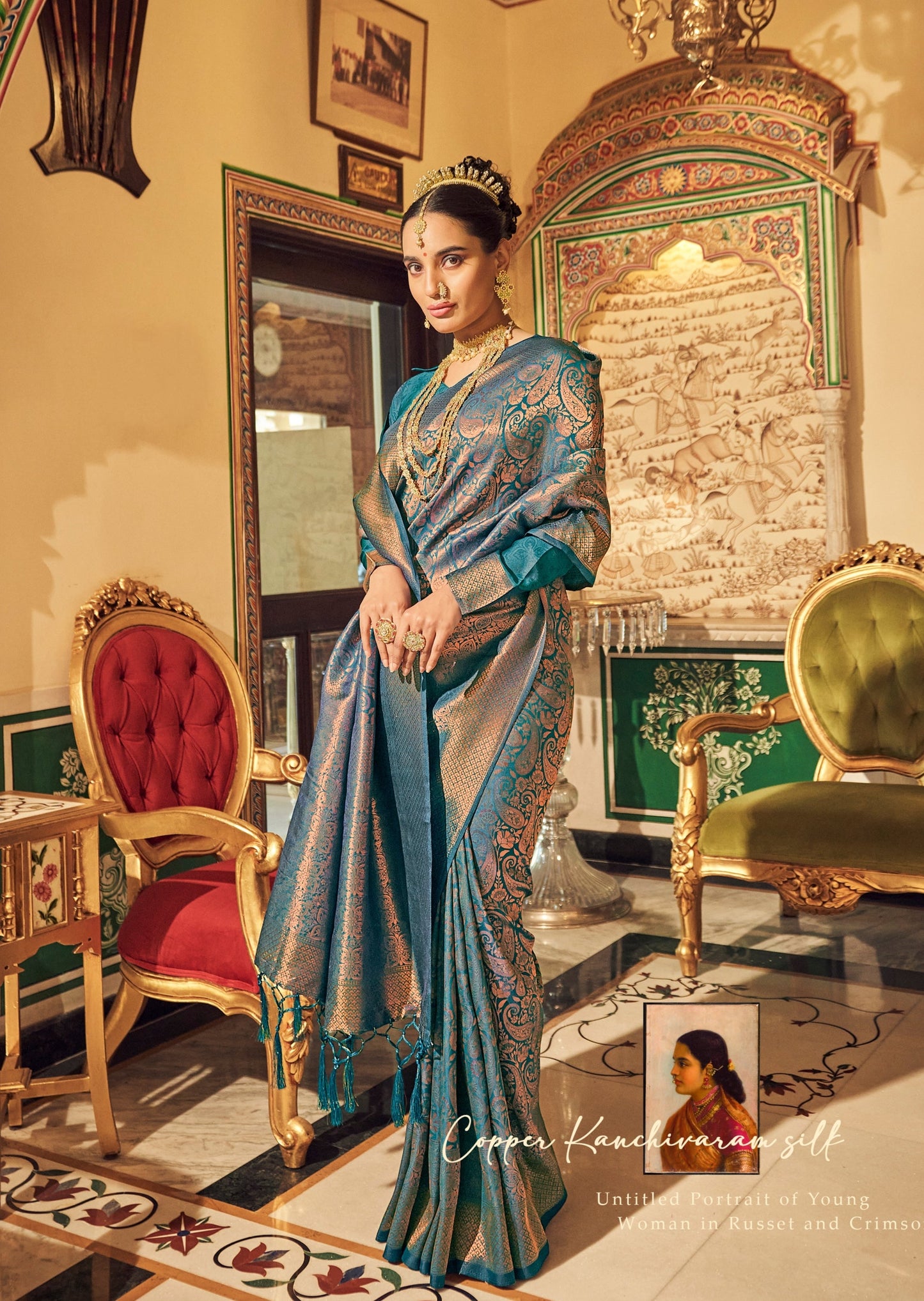 Handloom Silk Peacock Blue Kanchipuram Saree