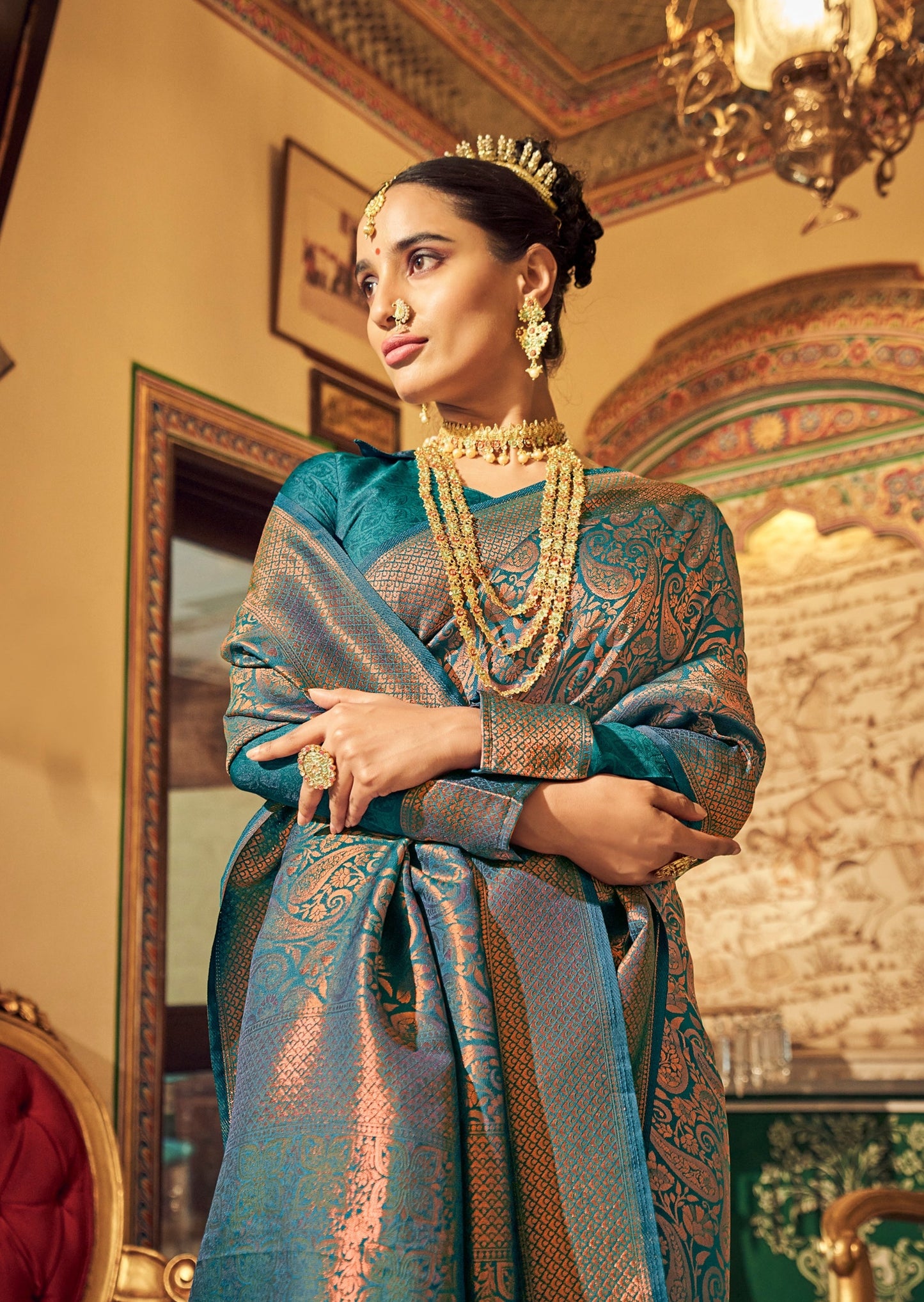 Handloom Silk Peacock Blue Kanchipuram Saree