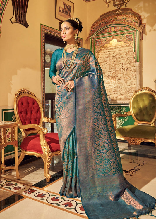 Handloom Silk Peacock Blue Kanchipuram Saree