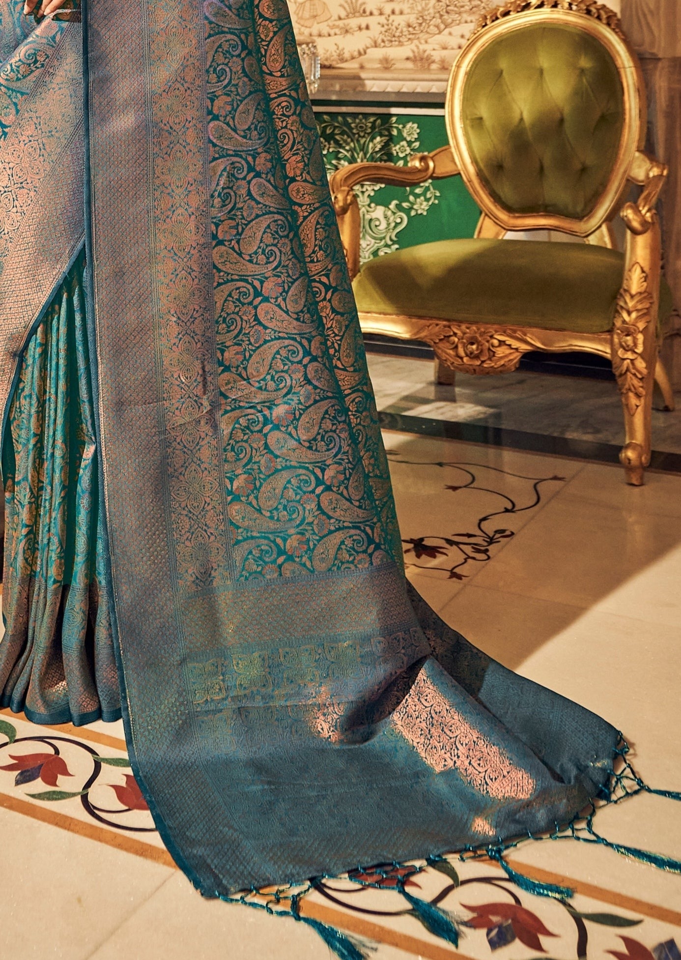 Handloom Silk Peacock Blue Kanchipuram Saree