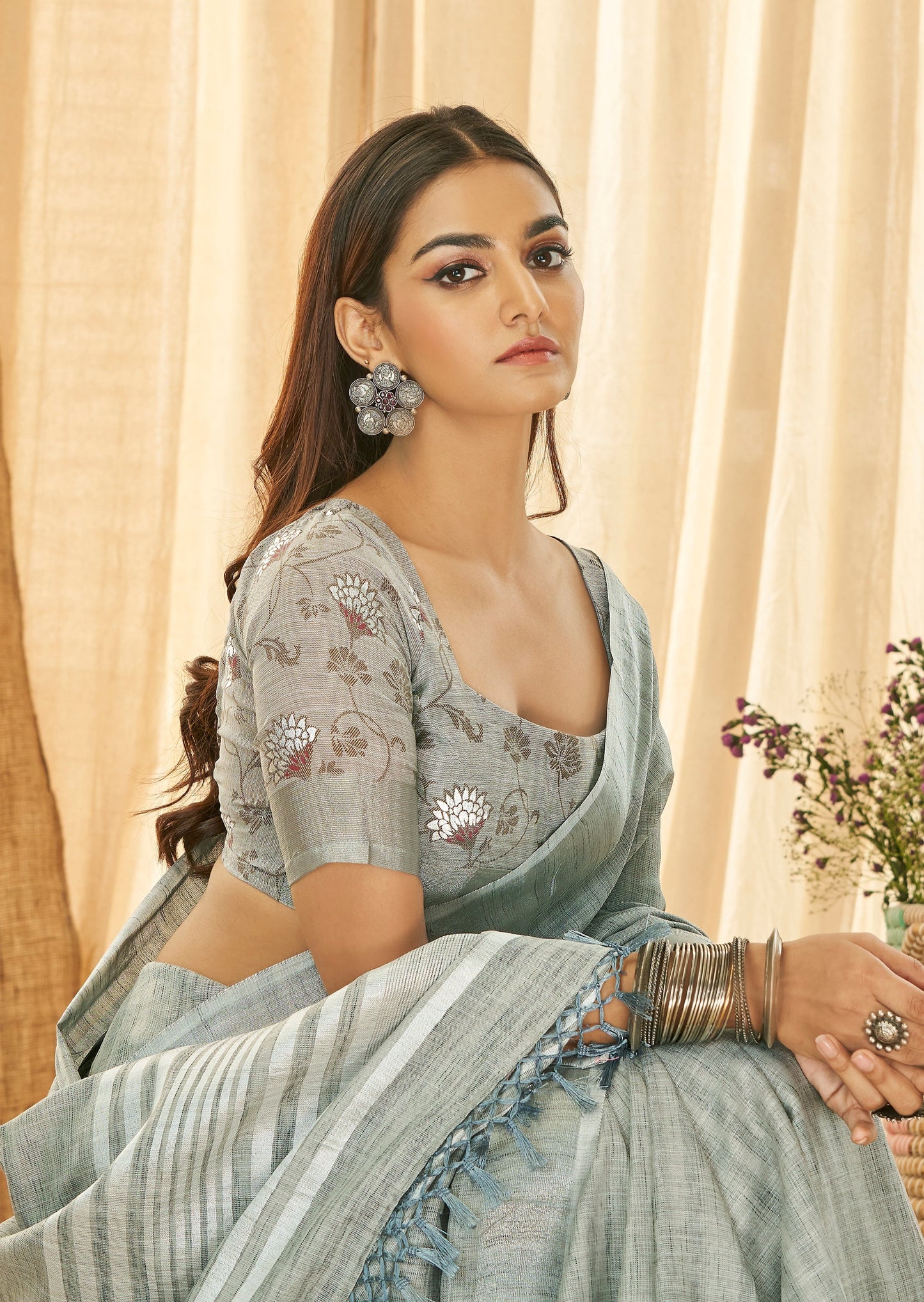 Pure Handloom Linen Grey Saree