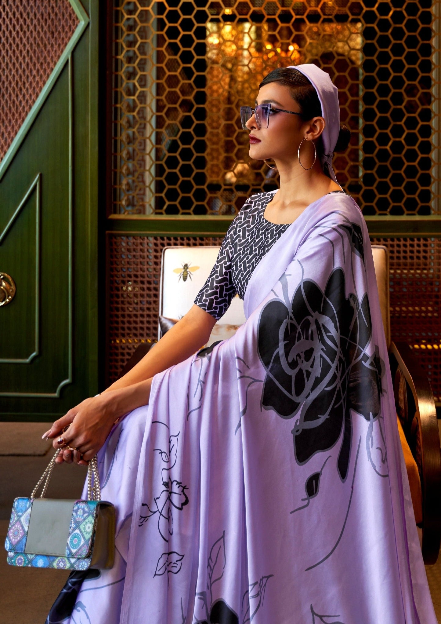 Pure Satin Silk Digital Print Lavender Purple Saree