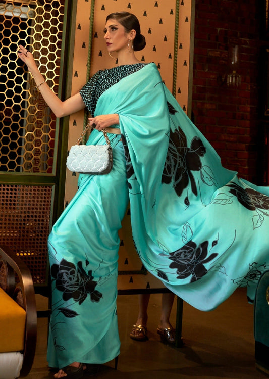 woman side pose in mint green Satin silk saree