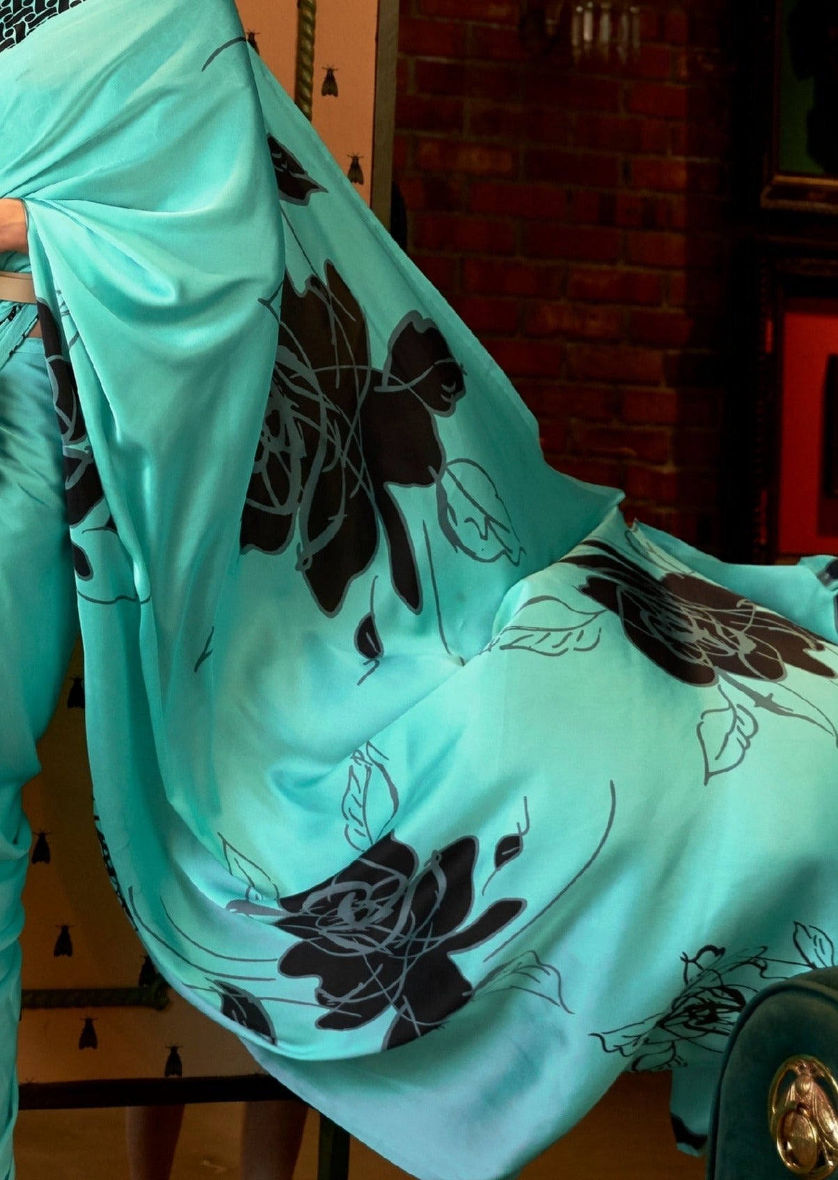 Pure Satin Silk Digital Print Saree (Aqua Green)