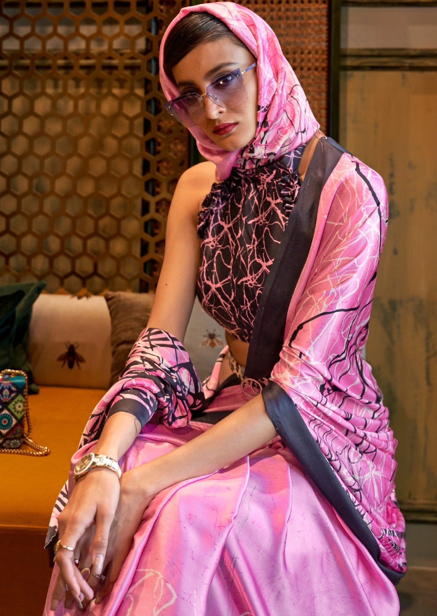 Pure Satin Crepe Silk Digital Print Baby Pink Saree