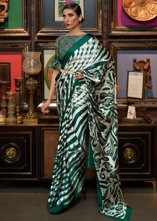 Digital Print Satin Silk Green and White Saree