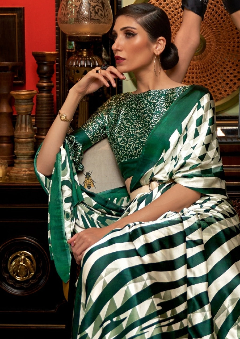 Digital Print Satin Silk Green and White Saree
